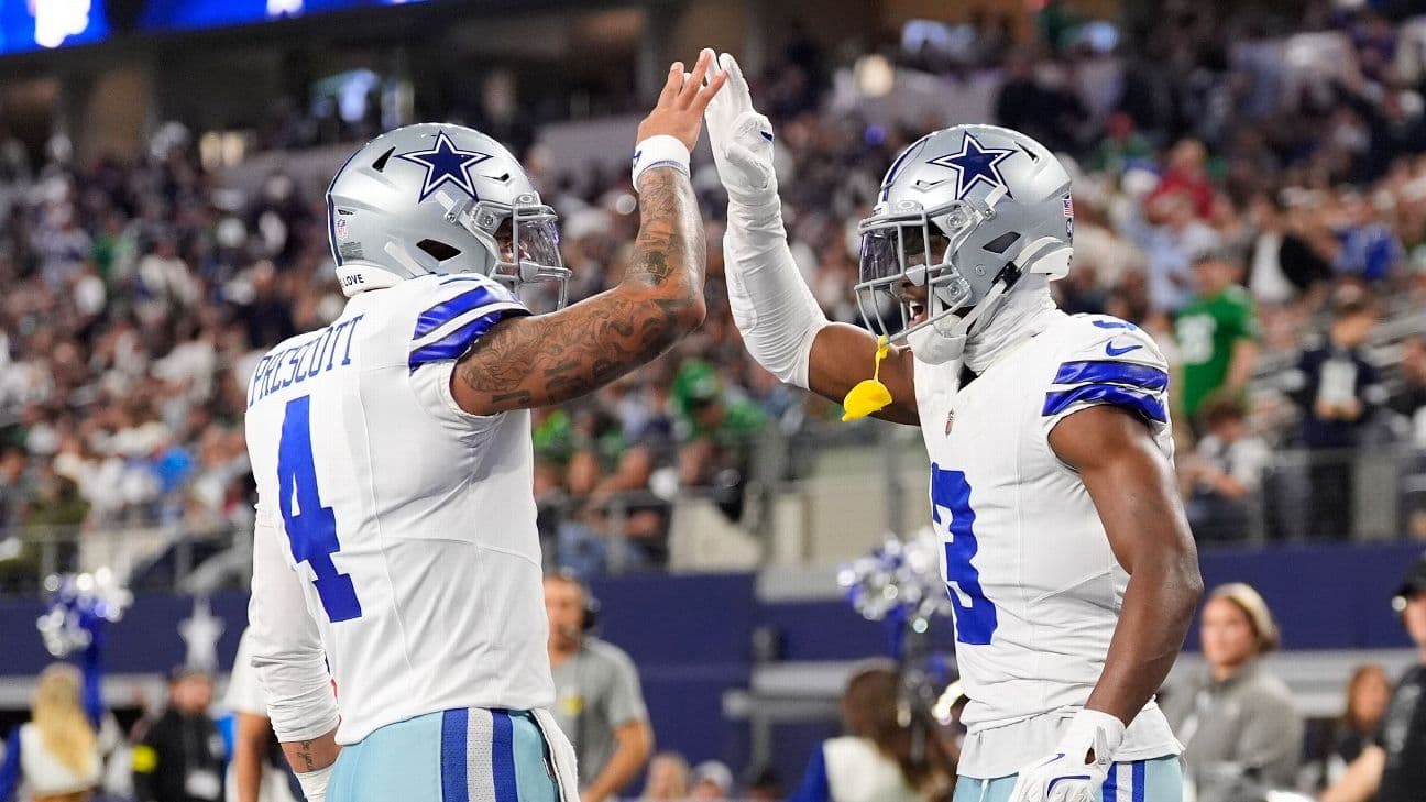 Dallas Cowboys football players celebrating with a high-five